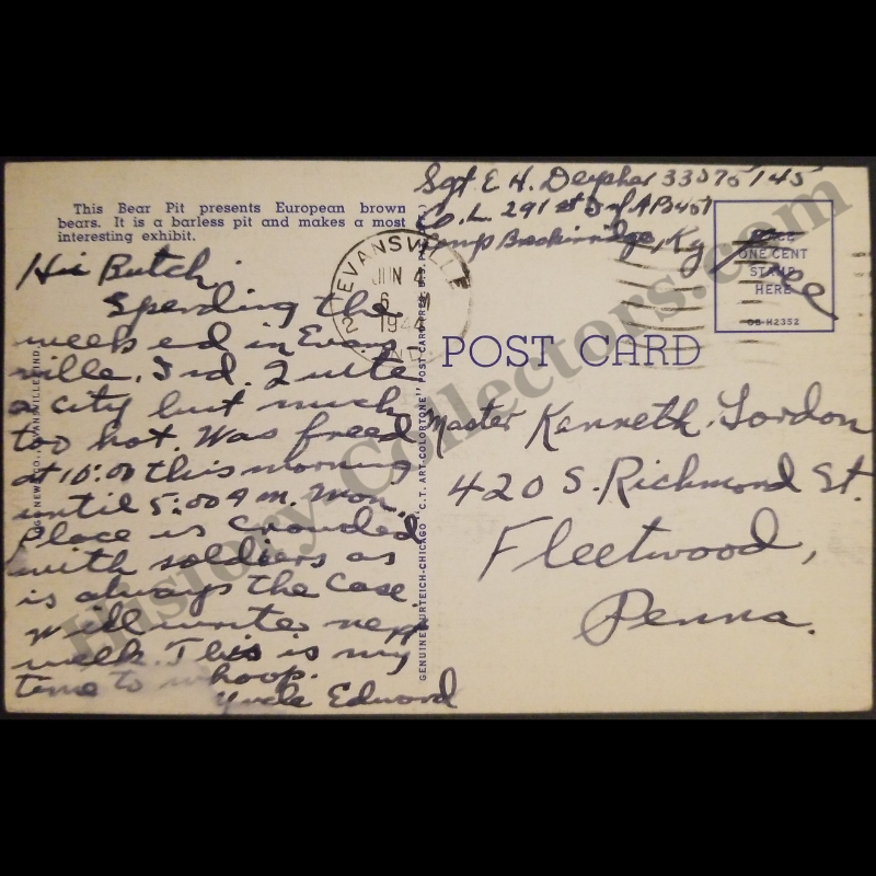 1944 Bear Pit Mesker Park Zoo Evansville Indiana Linen Postcard - Master Kenneth Gordon 420 South Richmond Street Fleetwood Pennsylvania - Free Military Postal Cancel - World War II Era - Ready For Framing