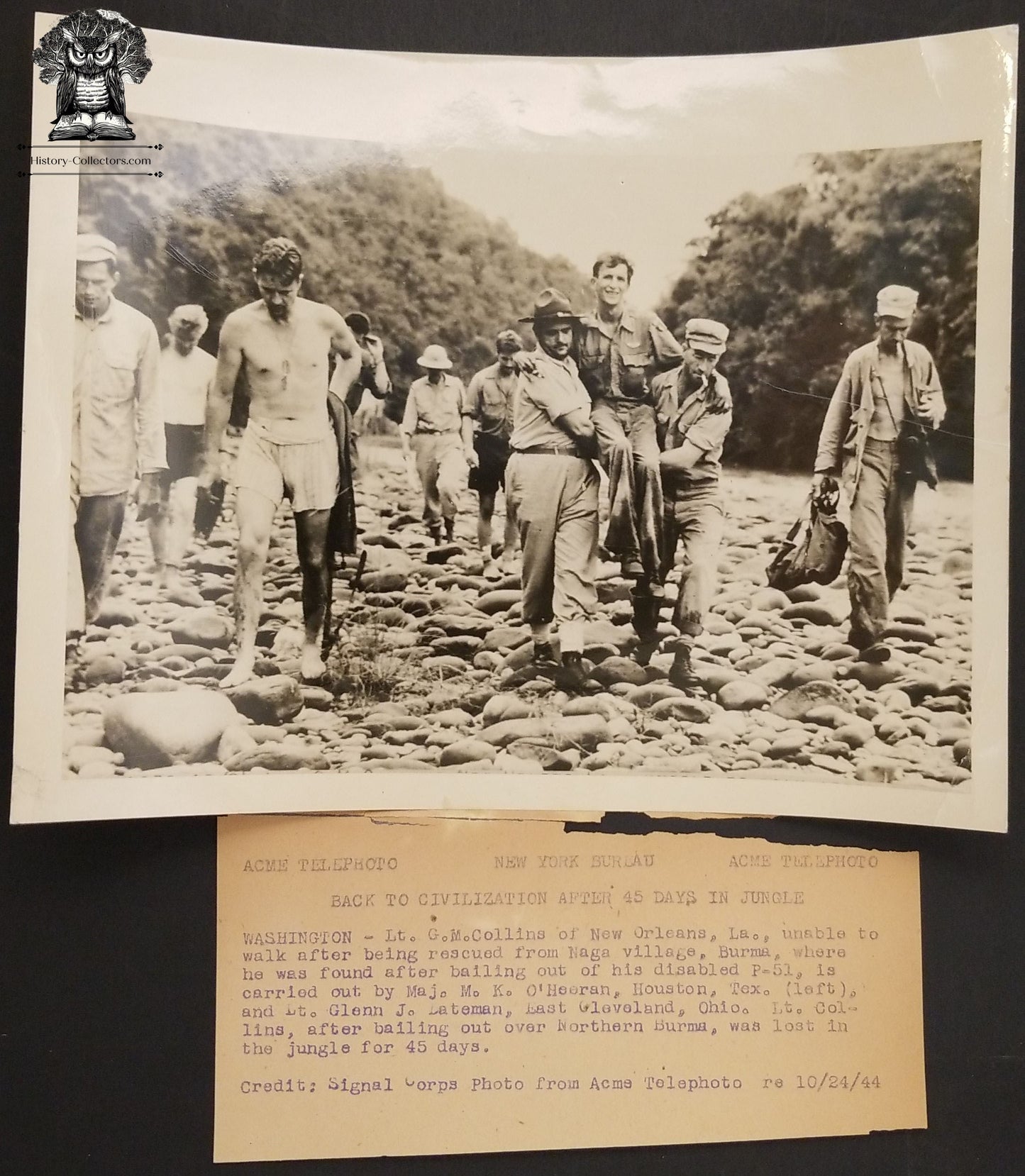 1944 WWII ACME Telephoto Press Release - Lost In Jungle Naga Burma - Disabled P-51 - Lt GM Collins New Orleans LA - Major MK O'Heeran Houston TX - Lt Glenn J Lateman East Cleveland OH