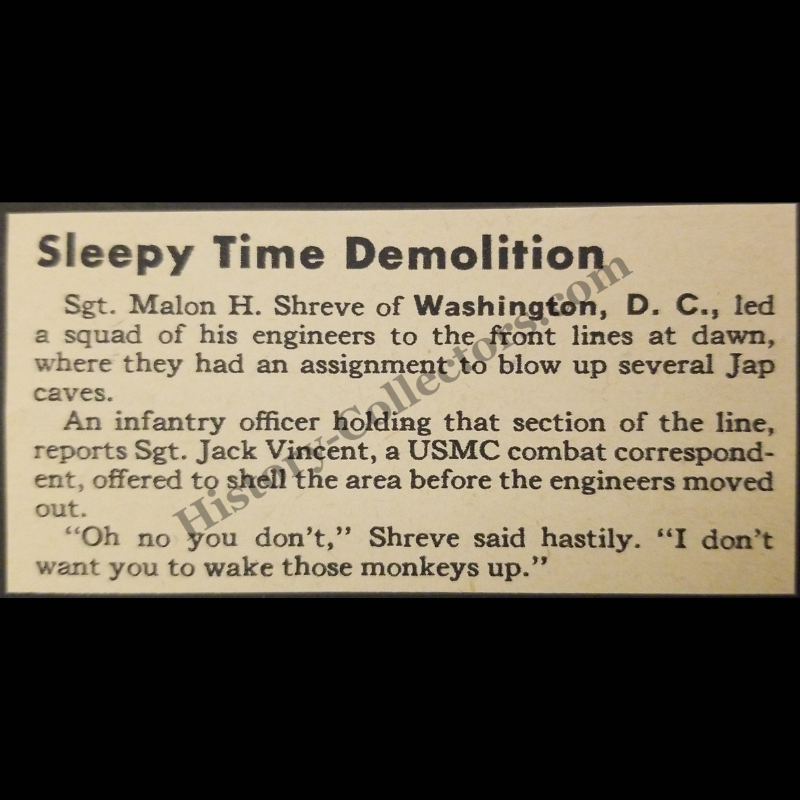 1945 Army Engineers To Destroy Japanese Cave Positions Print Clipping - Sgt. Malon H. Shreve Of Washington D. C. - Sgt. Jack Vincent A USMC Combat Correspondent - Iwo Jima - Pacific Theater - WWII Era - Ready For Framing