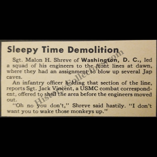1945 Army Engineers To Destroy Japanese Cave Positions Print Clipping - Sgt. Malon H. Shreve Of Washington D. C. - Sgt. Jack Vincent A USMC Combat Correspondent - Iwo Jima - Pacific Theater - WWII Era - Ready For Framing