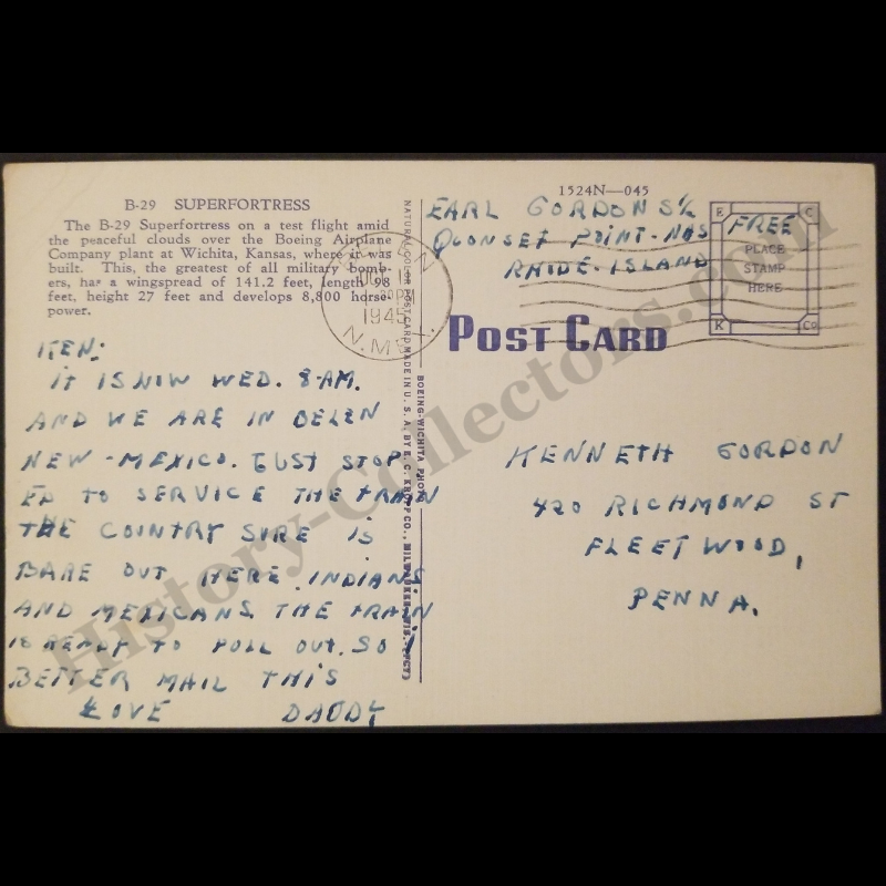 1945 B-29 42-24473 Superfortress Linen Postcard - Santa Fe Railway Troop Transport - Belen New Mexico - Fleetwood Pennsylvania - Earl Kenneth Gordon - Military Free Franking Postal Mark - World War II Era - Ready For Framing