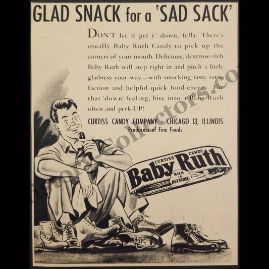 1945 Baby Ruth Candy Bar Print Advertisement Clipping - Curtiss Candy Company - Chicago Illinois - World War II Era - Ready For Framing
