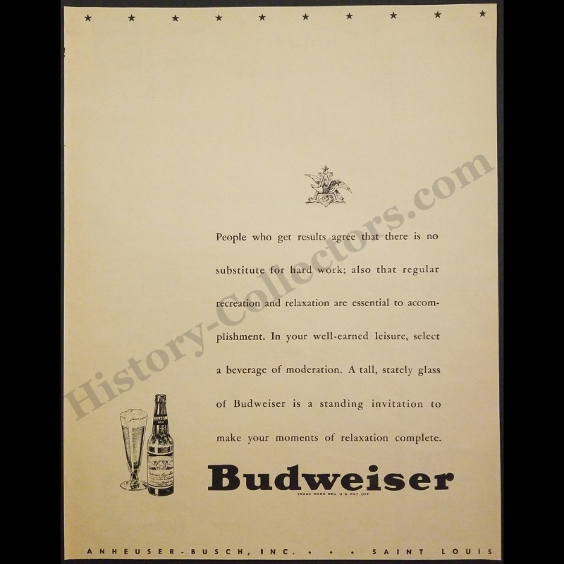 1945 Budweiser Beer Print Advertisement Clipping - Anheuser-Busch St. Louis Missouri - World War II Era - Ready For Framing