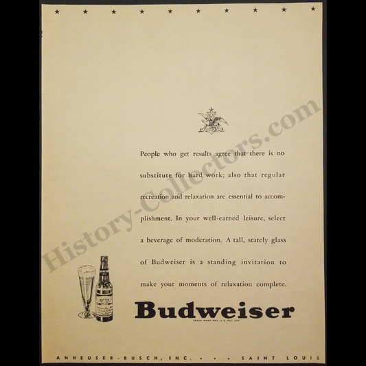1945 Budweiser Beer Print Advertisement Clipping - Anheuser-Busch St. Louis Missouri - World War II Era - Ready For Framing