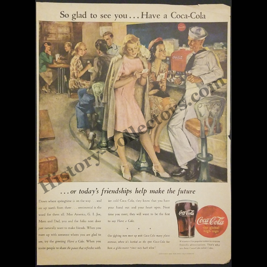 1945 Coca-Cola Print Advertisement Clipping - U.S. Navy Sailor Flirting With Girls At Soda Fountain - World War II Era - Ready For Framing