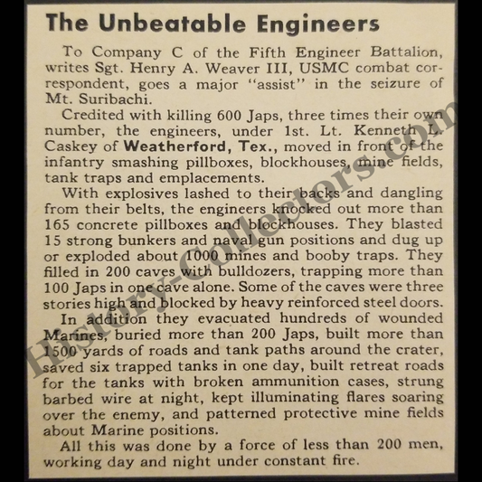 1945 Company C Of The Fifth Engineer Battalion Recognition Print Clipping - Combat Correspondent Sgt. Henry A. Weaver III - United States Marine Corps - Iwo Jima - Pacific Theater - WWII Era - Ready For Framing