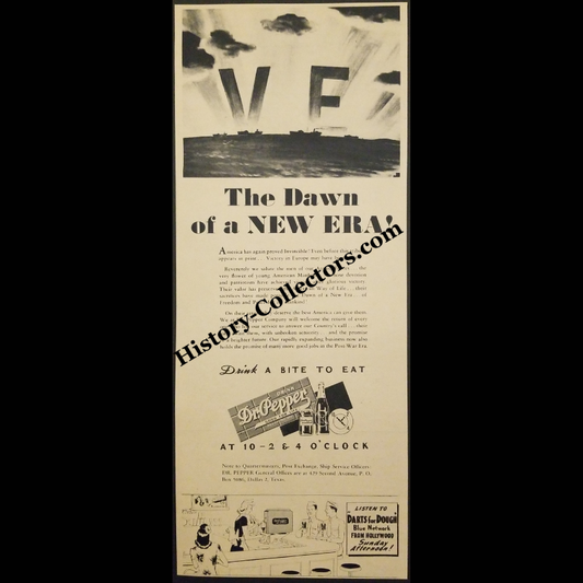 1945 Dr. Pepper Print Advertisement Clipping - World War II Era - V-E Day - Darts For Dough Radio - Ready For Framing