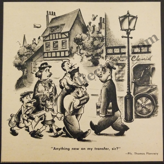 1945 Europe Transfer Request Civilian Attachment Comic Illustration Clipping - Private First Class Thomas Flannery - WWII Era - Ready For Framing