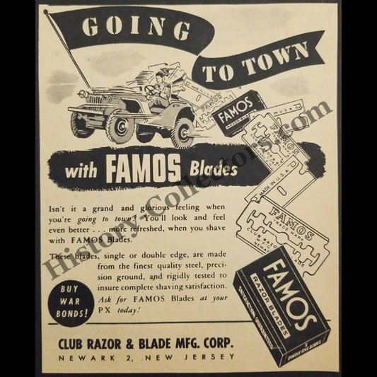 1945 FAMOS Razor Blades Print Advertisement Clipping - Club Razor & Blade Mfg. Corp. - Buy War Bonds - World War II Era - Ready For Framing