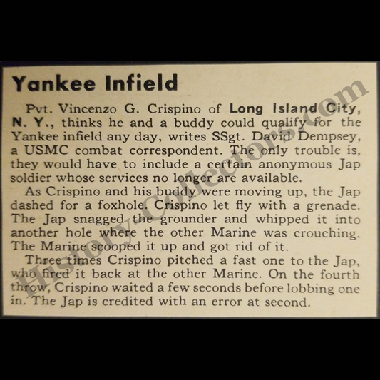 1945 Grenade Exchange Between U.S. Marines And A Japanese Soldier Print Clipping - Yankee Infield Baseball Reference - United States Marine Corps - Iwo Jima - Pacific Theater - WWII Era - Ready For Framing