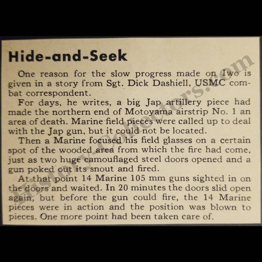 1945 Hidden Japanese Artillery Destroyed Print Clipping - Sgt. Dick Dashiell - United States Marine Corps - Motoyama Airstrip No. 1 - Iwo Jima - Pacific Theater - WWII Era - Ready For Framing