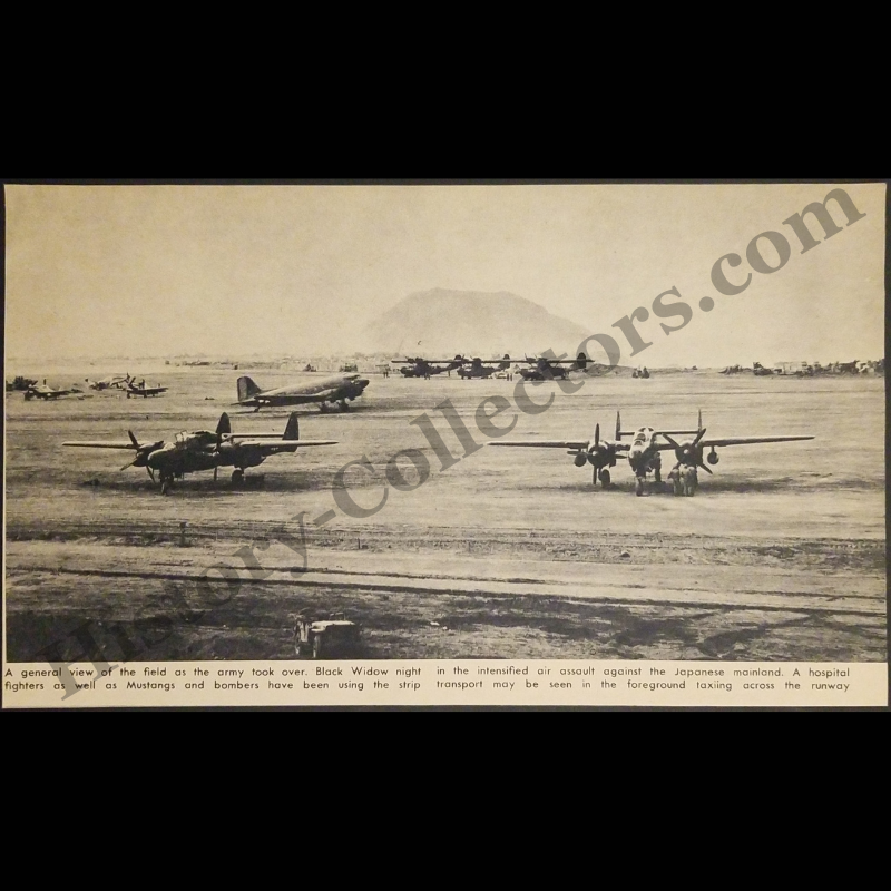 1945 Iwo Jima Airfield Photograph Print Clipping - United States Marine Corps - P-61 Black Widow Night Fighters - P-51 Mustang Fighters - Douglas C-47 Transport - Pacific Theater - WWII Era - Ready For Framing