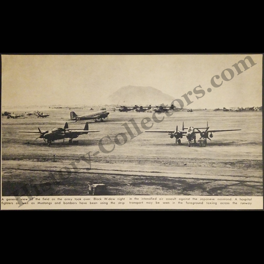 1945 Iwo Jima Airfield Photograph Print Clipping - United States Marine Corps - P-61 Black Widow Night Fighters - P-51 Mustang Fighters - Douglas C-47 Transport - Pacific Theater - WWII Era - Ready For Framing