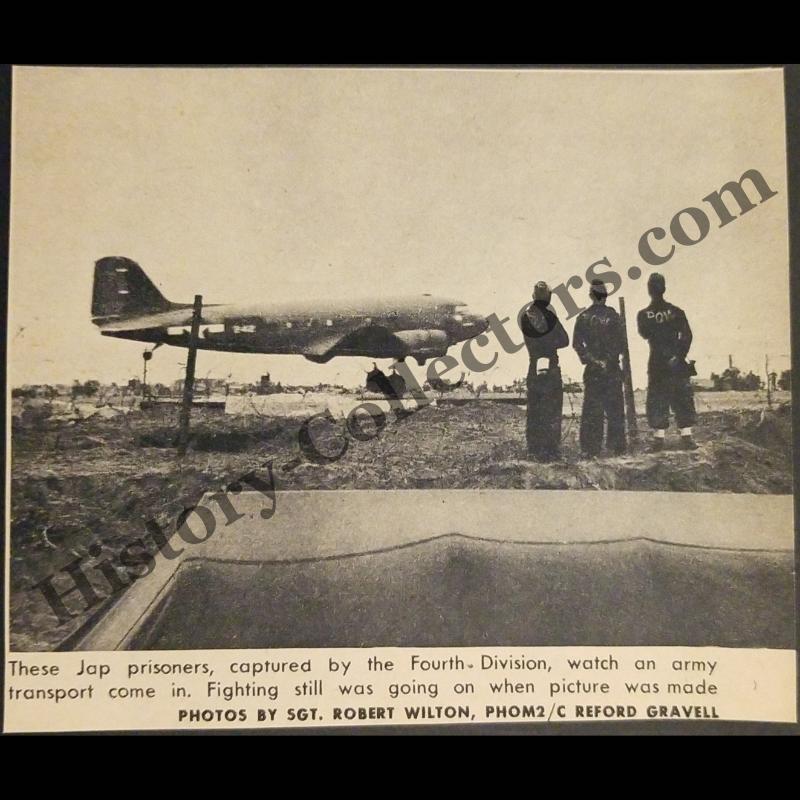 1945 Japanese Prisoners Of War Watching A Douglas C-47 Skytrain Army Transport Plane Land Photograph Print Clipping - U.S. Army’s 4th Infantry Division - Iwo Jima - Pacific Theater - WWII Era - Ready For Framing