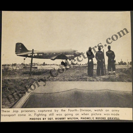 1945 Japanese Prisoners Of War Watching A Douglas C-47 Skytrain Army Transport Plane Land Photograph Print Clipping - U.S. Army’s 4th Infantry Division - Iwo Jima - Pacific Theater - WWII Era - Ready For Framing