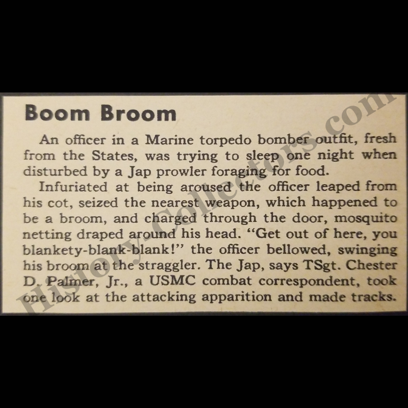1945 Japanese Prowler Chased With Broom Print Clipping - Technical Sergeant Chester D. Palmer USMC Combat Correspondent - United States Marine Corps - Pacific Theater - WWII Era - Ready For Framing