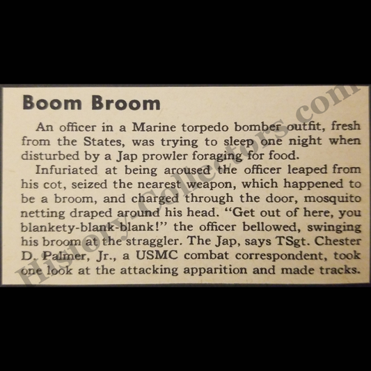 1945 Japanese Prowler Chased With Broom Print Clipping - Technical Sergeant Chester D. Palmer USMC Combat Correspondent - United States Marine Corps - Pacific Theater - WWII Era - Ready For Framing
