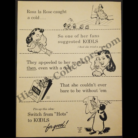 1945 Kool Mental Cigarettes Print Advertisement Clipping - Rosa La Rose - World War II Era - Ready For Framing