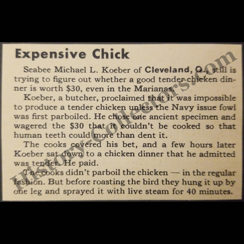 1945 Navy Cooking Tender Chicken $30 Bet Print Clipping - Seabee Michael L. Koeber Of Cleveland Ohio - United States Naval Construction Battalion - Marianas Islands - Pacific Theater - WWII Era - Ready For Framing