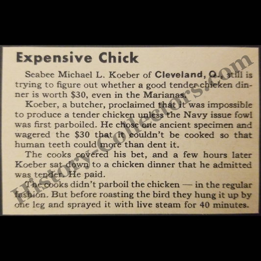 1945 Navy Cooking Tender Chicken $30 Bet Print Clipping - Seabee Michael L. Koeber Of Cleveland Ohio - United States Naval Construction Battalion - Marianas Islands - Pacific Theater - WWII Era - Ready For Framing
