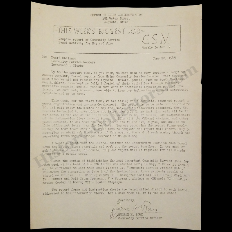 1945 Office Of Price Administration District Office Letter - 151 Water Street Augusta Maine - Administrative Reporting Requirements For Local Community Service Panels - June 21 - WWII Era - Ready For Framing