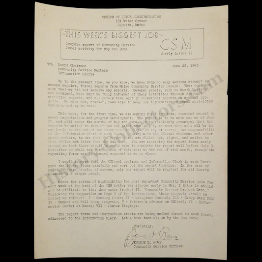 1945 Office Of Price Administration District Office Letter - 151 Water Street Augusta Maine - Administrative Reporting Requirements For Local Community Service Panels - June 21 - WWII Era - Ready For Framing