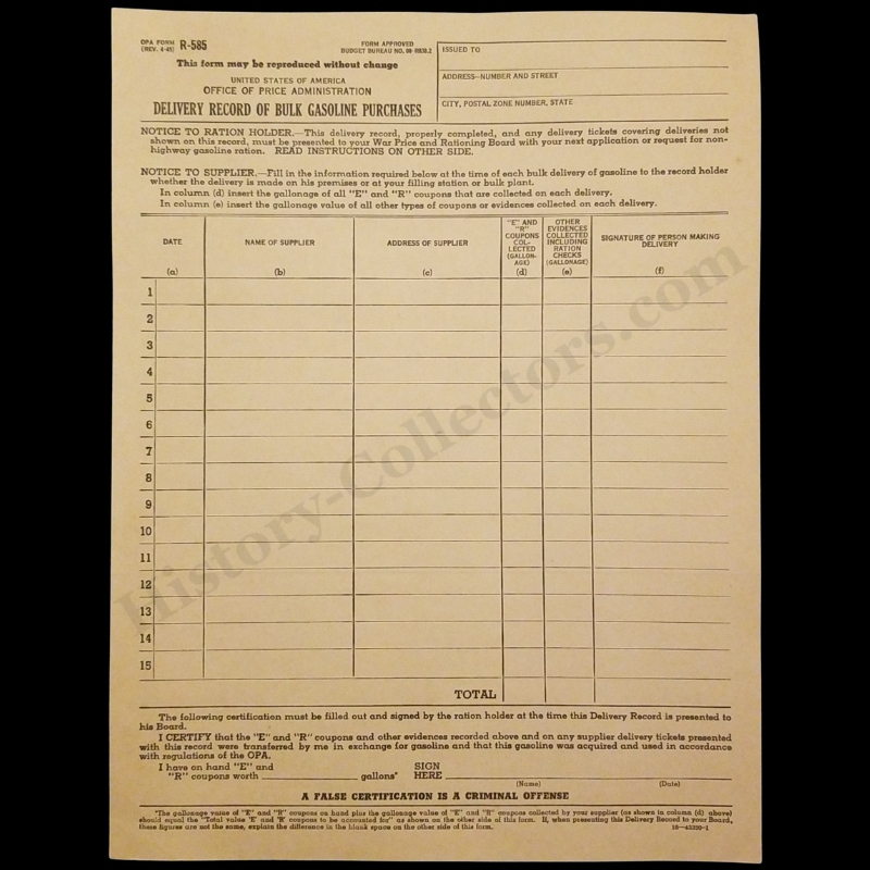 1945 Office Of Price Administration Delivery Record Of Bulk Gasoline Purchases - U.S. Government Printing Office Washington DC - Home Front - WWII Era - Ready For Framing