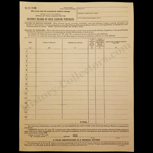1945 Office Of Price Administration Delivery Record Of Bulk Gasoline Purchases - U.S. Government Printing Office Washington DC - Home Front - WWII Era - Ready For Framing