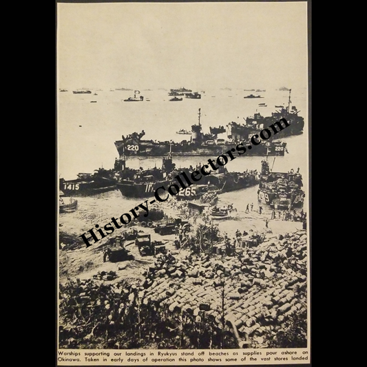 1945 Okinawa Warships Landing Supplies Photograph Print Clipping - World War II Era - Pacific Theater - Ready For Framing