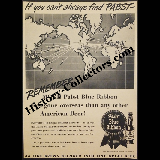 1945 Pabst Blue Ribbon Beer Print Advertisement Clipping - World War II Era - Global Export - Ready For Framing