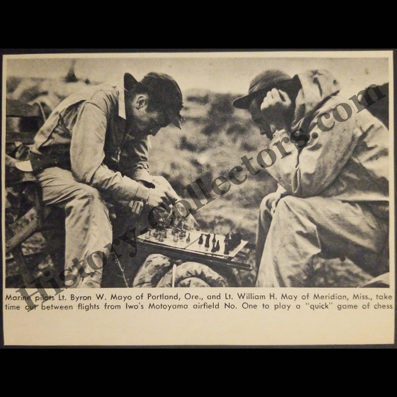 1945 Marine Pilots Playing Chess Photograph Print Clipping - Lt. Byron W. Mayo Of Portland Oregon - William H. May Of Meridian Mississippi - United States Marine Corps - Motoyama Airfield No. 1 - Iwo Jima - Pacific Theater - WWII Era - Ready For Framing