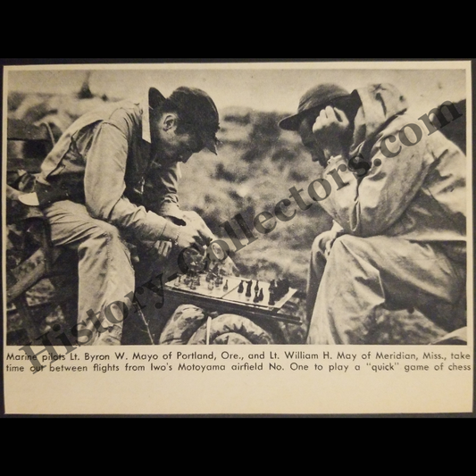 1945 Marine Pilots Playing Chess Photograph Print Clipping - Lt. Byron W. Mayo Of Portland Oregon - William H. May Of Meridian Mississippi - United States Marine Corps - Motoyama Airfield No. 1 - Iwo Jima - Pacific Theater - WWII Era - Ready For Framing