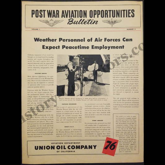1945 Post War Aviation Opportunities Bulletin Print Sheet - Aviation Department Of Union Oil Company Of California - Volume 1 Number 8 - Weather Personnel - WWII Era - Ready For Framing