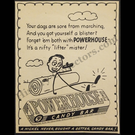 1945 Powerhouse Candy Bar Print Advertisement Clipping - Peter Paul Candy Manufacturing Company - World War II Era - Ready For Framing