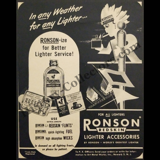 1945 Ronson Redskin Lighter Accessories Print Advertisement Clipping - Native American Caricature - World War II Era - Ready For Framing