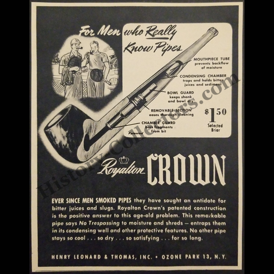1945 Royalton Crown Pipe Print Advertisement Clipping - Henry Leonard & Thomas, Inc - Ozone Park New York - World War II Era - Ready For Framing