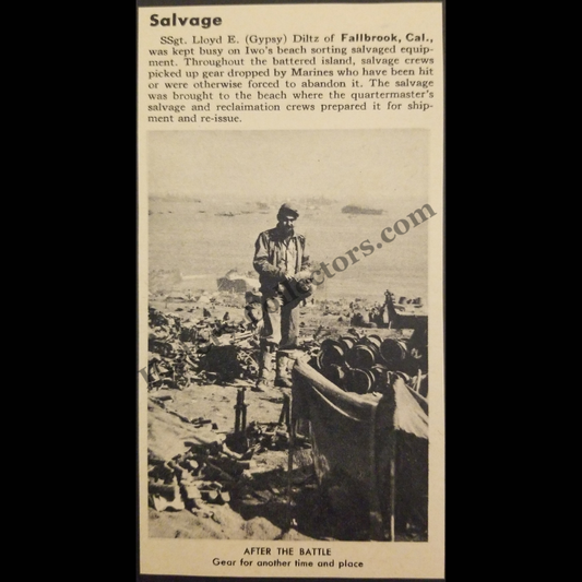 1945 Salvage Crew Collecting Equipment Photograph Print Clipping - Staff Sergeant Lloyd E. Diltz Of Fallbrook California - United States Marine Corps - Iwo Jima - Pacific Theater - WWII Era - Ready For Framing