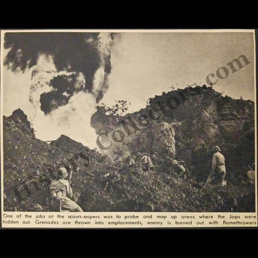 1945 Scout-Snipers USMC Photograph Print Clipping - United States Marine Corps - Pacific Theater - Cave Warfare - WWII Era - Ready For Framing