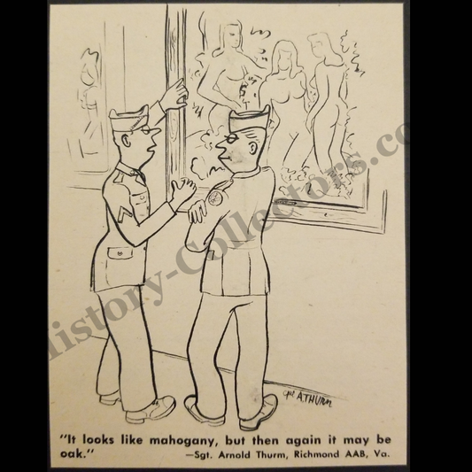 1945 Uniformed Soldiers Standing Before A Framed Image Of Nude Women Comic Illustration Clipping - Cpl. Arnold Thurm - Richmond Army Air Base Virginia - World War II Era - Subtle Homosexual Subtext Gay Interest - Ready For Framing