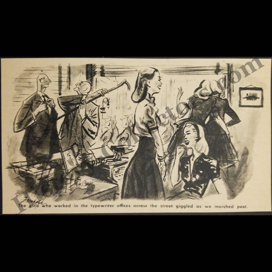 1945 Soldiers Observed By Office Girls Comic Illustration Clipping - World War II Era - Ready For Framing