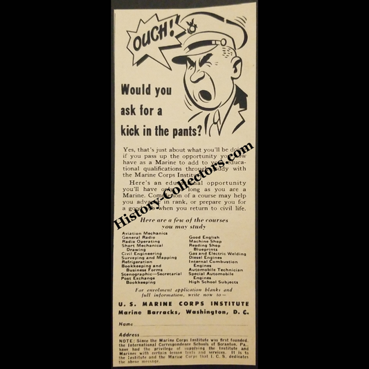 1945 U.S. Marine Corps Institute MCI Print Advertisement Clipping - Correspondence Courses - Civilian Transition - World War II Era - Ready For Framing