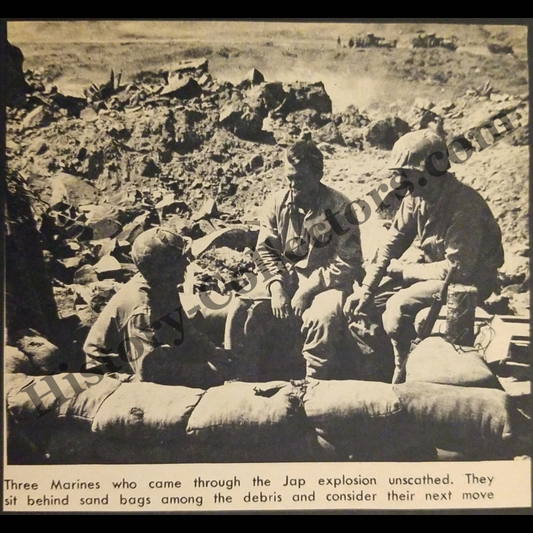 1945 United States Marines After Explosion Photograph Print Clipping - United States Marine Corps - Pacific Theater Combat - WWII Era - Ready For Framing