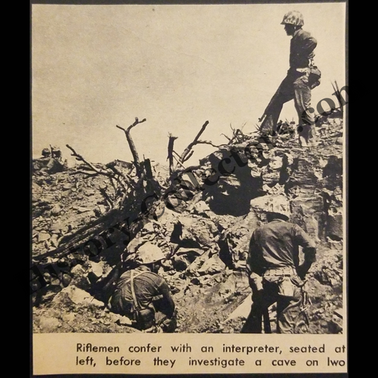 1945 United States Marines With Interpreter Photograph Print Clipping - United States Marine Corps - Battle Of Iwo Jima - Pacific Theater Combat - WWII Era - Ready For Framing