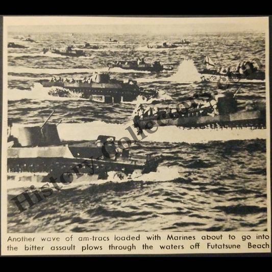 1945 United States Marine Corps Amphibious Assault During The Battle Of Iwo Jima Photograph Print Clipping - Amtracs - Futatsune Beach - World War II Era - Ready For Framing