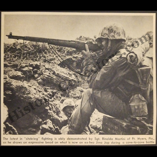 1945 Sighting In A Japanese Soldier Cave Battle Photograph Print Clipping - Sergeant Rinaldo Martini Of Fort Myers Florida - M1 Garand Rifle - United States Marine Corps - Iwo Jima - Pacific Theater - WWII Era - Ready For Framing