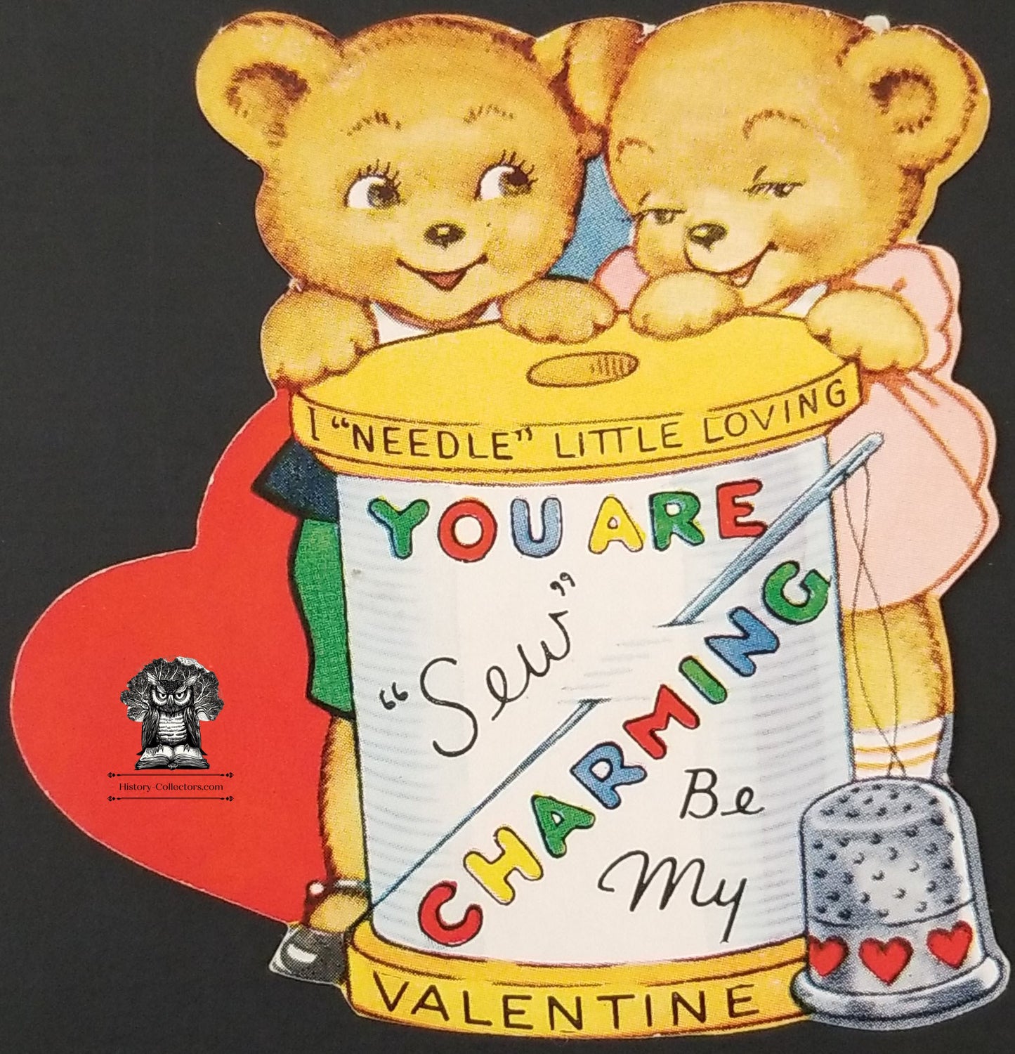 1945 Valentine's Day Children's Exchange Card - Anthropomorphic Teddy Bears Sewing