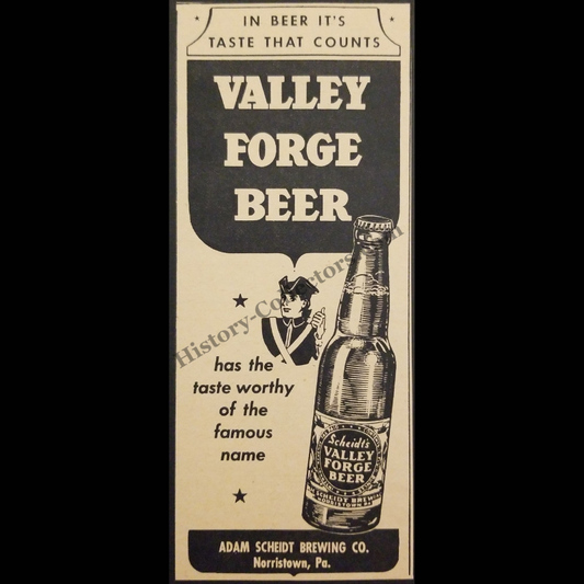 1945 Valley Forge Beer Print Advertisement Clipping - Adam Scheidt Brewing Company - Norristown Pennsylvania - World War II Era - Ready For Framing