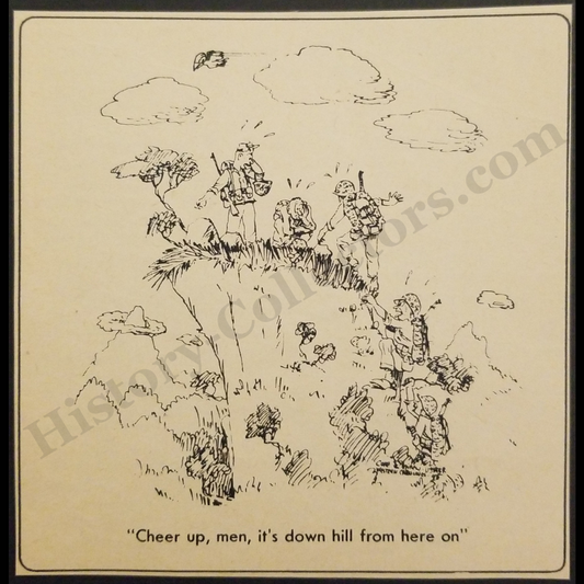 1945 Military Humorous Satire Comic Cartoon Illustration Print Clipping - Downhill On Cliff Edge - United States Marine Corps - Pacific Theater - World War II Era - Ready For Framing