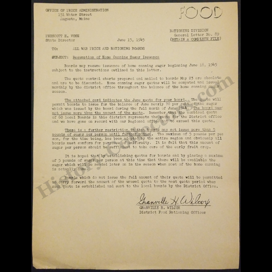 1945 Office Of Price Administration Resumption Of Home Canning Sugar Issuance Document Letter - Augusta Maine - June 15 - World War II Era - Ready For Framing