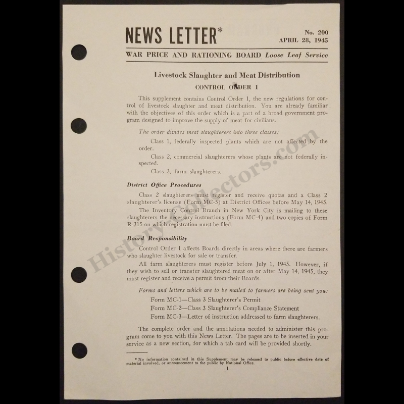1945 War Price And Rationing Board Loose Leaf Service Newsletter - Number 200 - Office Of Price Administration - Livestock Slaughter And Meat Distribution - Gasoline Fuel Oil Stoves - April 28 - WWII Era - Ready For Framing